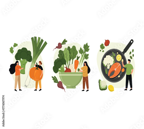 Healthy eating habits illustration isolated on white background people choosing fresh vegetables, preparing a balanced meal with fish, broccoli, and cauliflower in a pan