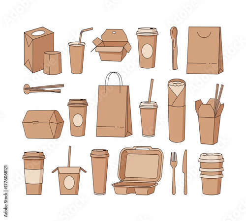 Collection of disposable tableware isolated on white background paper cups, boxes, bags, and cutlery for takeout food and drinks, promoting ecofriendly packaging