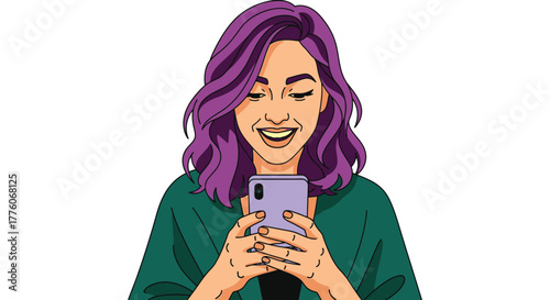 Woman with purple hair smiles while looking at a purple smartphone editable stock