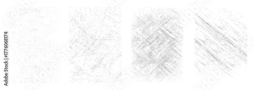 Four grunge textures with random scratches and dots on white background distressed abstract
