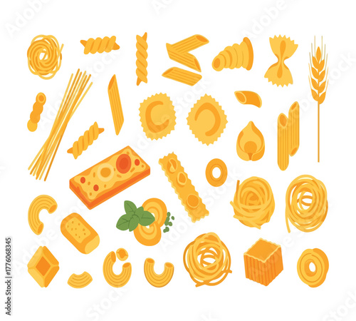 An assortment of pasta types isolated on white background, featuring spaghetti, penne, farfalle, ravioli, and tagliatelle, alongside wheat stalks, showcasing the variety and origins of italian cuisine