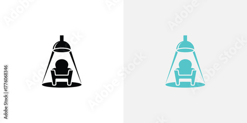 Spotlight Illuminating an Armchair Icon in Two Contrasting Color Variants on Light Backgrounds