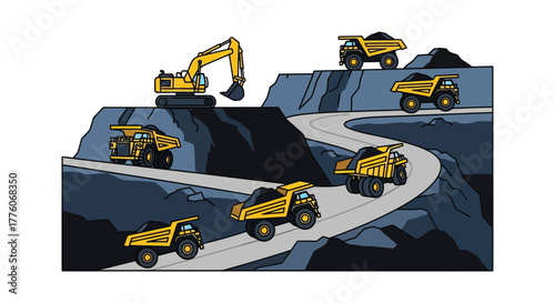 Yellow excavator and dump trucks on a winding road in a quarry editable stock