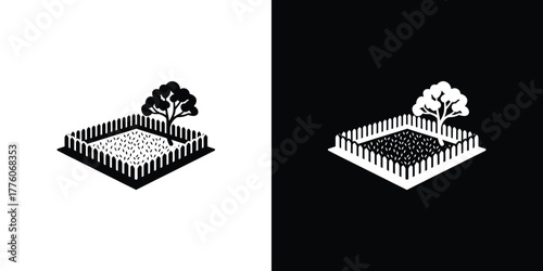 Square Framed Garden Bed With Sprouts and a Solitary Tree on Transparent Background