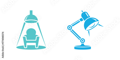 Stylized Furniture and Lighting Icons Armchair Under Lamp, Desk Lamp Illustration