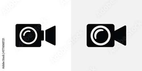 Two Black and White Video Camera Icon Graphics on Contrasting Backgrounds for Media Use