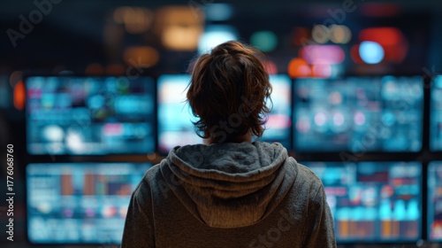 A young male with brown hair stands in front of multiple screens, immersed in data analysis in a modern tech environment.