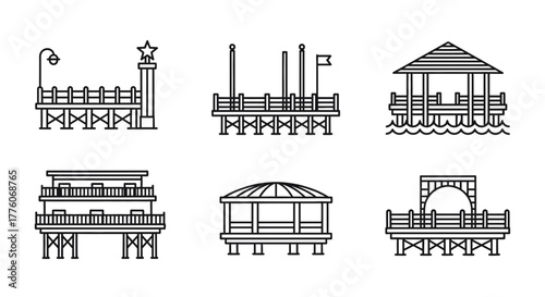 Illustration of various pier and dock structures on a white background editable stock