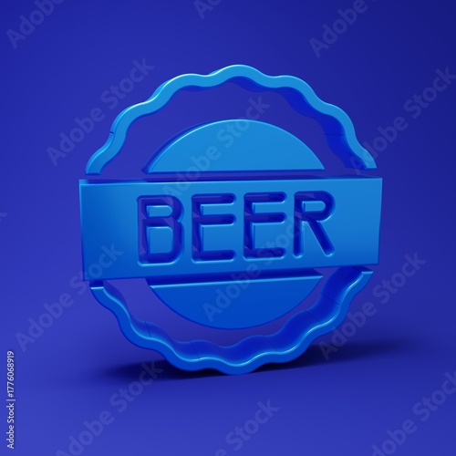Blue Bottle cap with inscription beer icon isolated on blue background. Minimalism concept. 3D render illustration