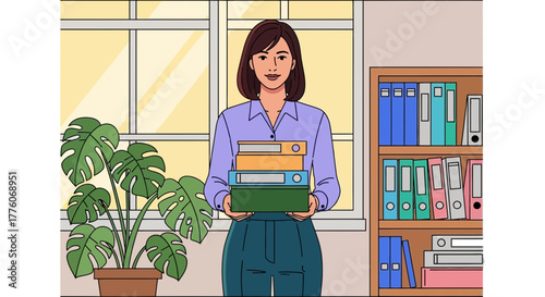 Woman holding stack of binders in office with plant and bookshelf editable stock