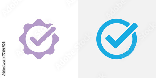 Two Checkmark Icon Logos One Purple Scalloped and One Blue Circular Design Against White