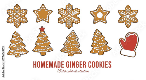 Illustration of gingerbread cookies in various christmas shapes and sizes editable stock
