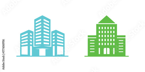 Two Buildings A Turquoise Modern Office Complex and a Green Traditional Style Tower
