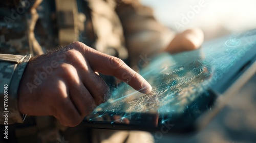 A soldier in military uniform uses a futuristic tablet, analyzing tactical maps and data in a bright outdoor setting.