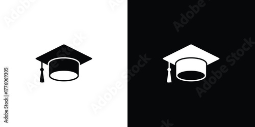 Two Isolated Graduation Caps Black Cap on White, White Cap on Black Background