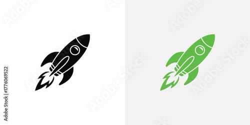 Two Rocket Ship Illustrations One Black Silhouette, One Green Outline on Light Background