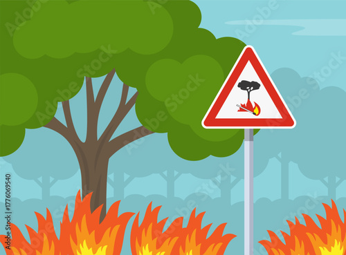 Hot weather and drought conditions. An area with high risk of wildfires. Close-up of european "extreme risk of fire" sign view. Flat vector illustration template.
