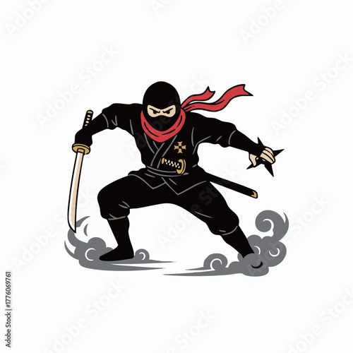 MinimalFlatDesign DynamicNinja withKatana andShuriken -ミニマルフラットデザイン 刀と手裏剣を持ったダイナミックな忍者