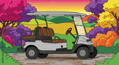 Cartoon golf cart on a path with colorful trees and a sunset sky editable stock