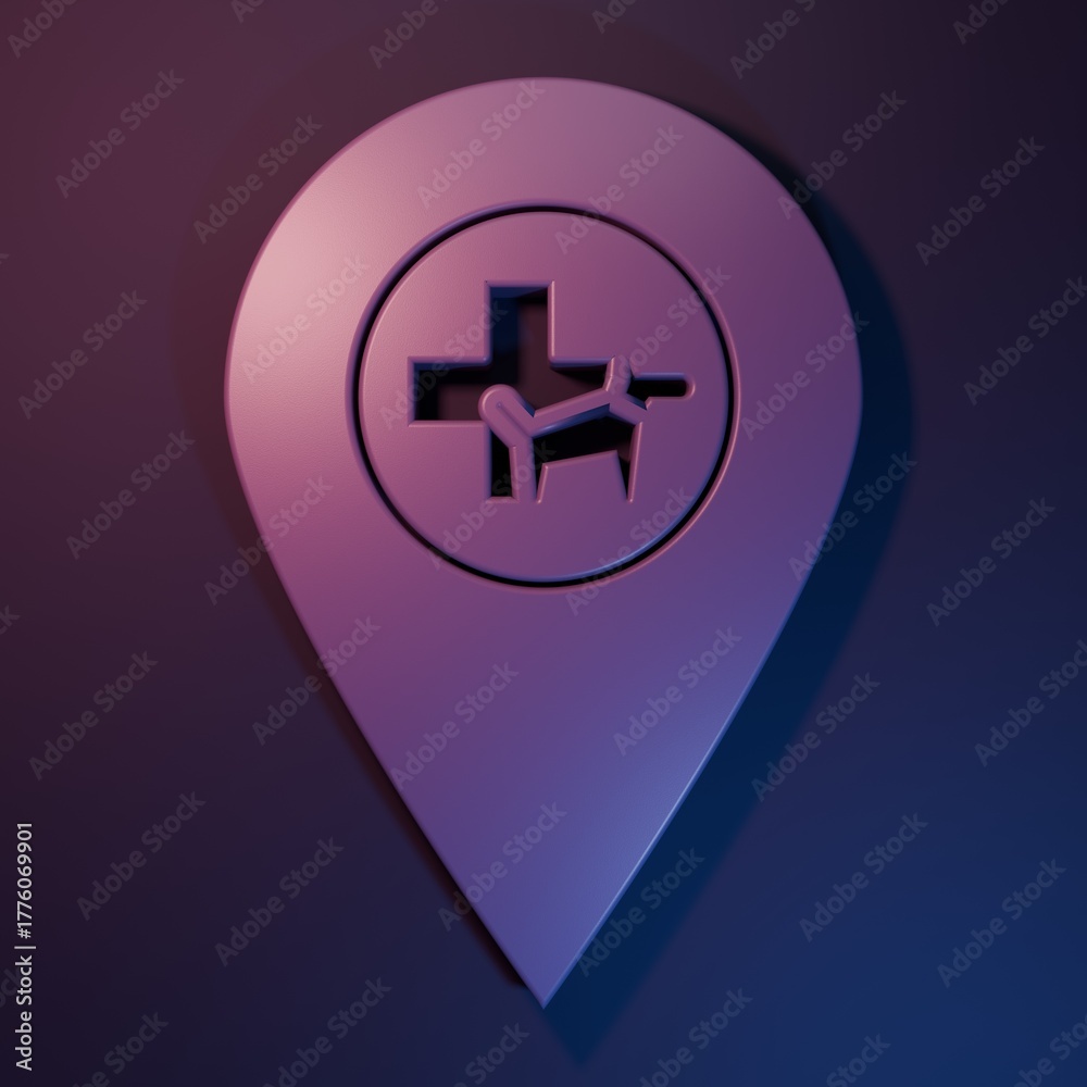 Obraz premium Purple Map pointer with veterinary medicine hospital, clinic or pet shop for animals icon isolated on purple-blue background. Vet or veterinarian clinic. Minimalism concept. 3D render illustration