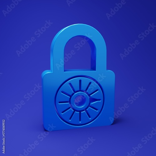 Blue Safe combination lock wheel icon isolated on blue background. Combination padlock. Security, safety, protection, password, privacy. Minimalism concept. 3D render illustration