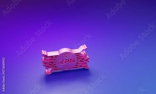 Pink VPN in circle with microchip circuit icon isolated on purple-blue background. Minimalism concept. 3D render illustration