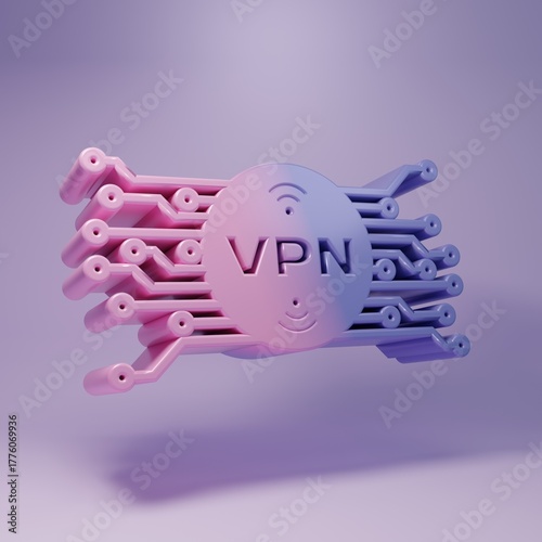 Purple VPN in circle with microchip circuit icon isolated on purple background. Minimalism concept. 3D render illustration