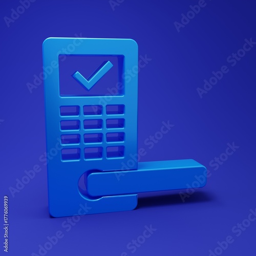 Blue Digital door lock with wireless technology for unlock icon isolated on blue background. Door handle sign. Security smart home. Minimalism concept. 3D render illustration