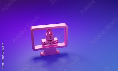 Pink Monitor with password notification and lock icon isolated on purple-blue background. Security, personal access, user authorization, login form. Minimalism concept. 3D render illustration