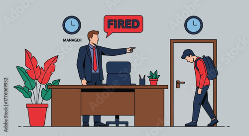 Manager firing employee with fired speech bubble in office setting editable stock