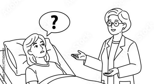 Patient in bed with question mark and doctor in hospital room scene editable stock