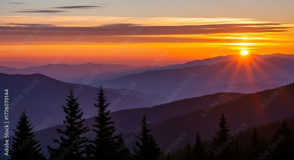 Obraz premium Sunset over mountain range with trees in foreground.