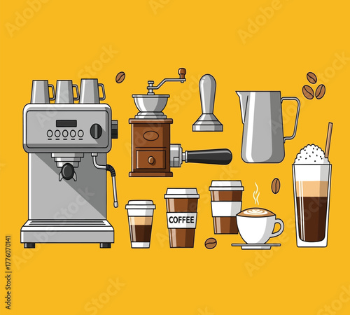 A collection of coffee brewing equipment isolated on a yellow background, featuring espresso machine, grinder, cups, and beans, representing the art and culture of coffee preparation