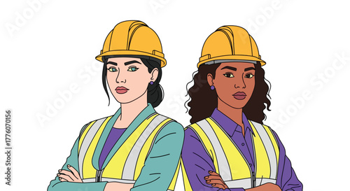 Two women wearing hard hats and safety vests standing side by side editable stock
