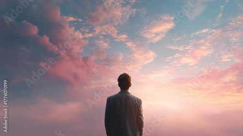 A contemplative young man gazing at a colorful sunset, embodying hope and reflection.
