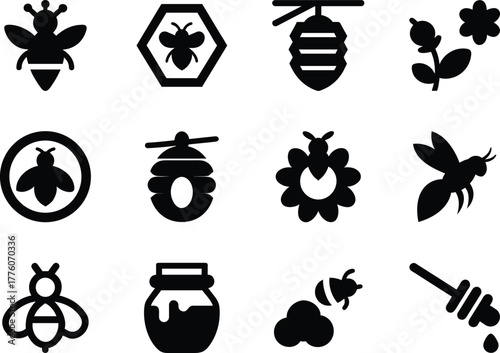 Silhouette vector Bee clipart icon set, simple bold design, isolated on white background.