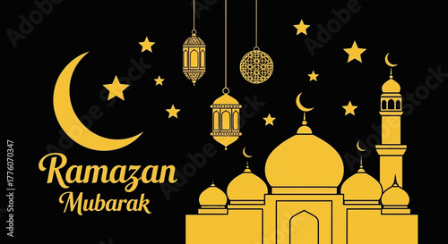 Golden ramazan mubarak design with mosque lanterns and stars on black editable stock