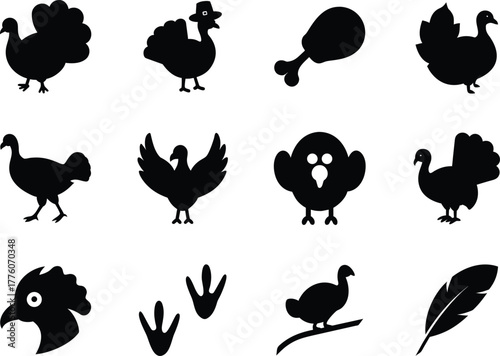 Silhouette vector Turkey clipart icon set, simple isolated design, perfect for projects.