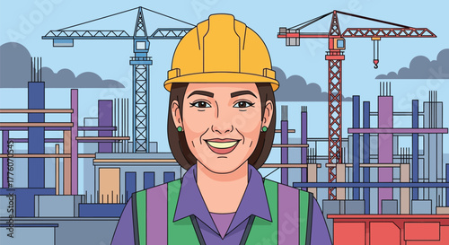 Illustration of a female engineer with construction site backdrop editable stock