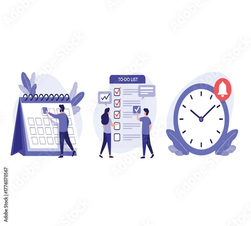 Time management and schedule planning illustration featuring a calendar, todo list, and clock, emphasizing organization and productivity isolated on white background