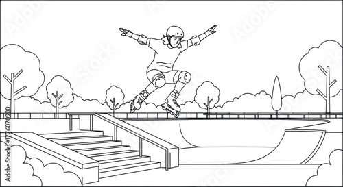 Cartoon illustration of a woman rollerblading in a skate park area editable stock