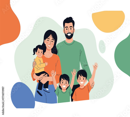 A happy family portrait isolated on white background, featuring parents with their three children, two boys and a girl, all smiling and waving, creating a warm and loving family scene