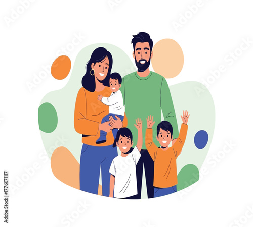 A happy family portrait isolated on white background, featuring parents with their three children, two boys and a girl, all smiling and waving, creating a warm and loving family scene