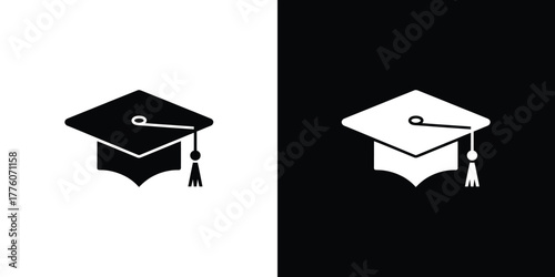Black and White Graduation Cap Icons in Contrasting Colors, Simple Style