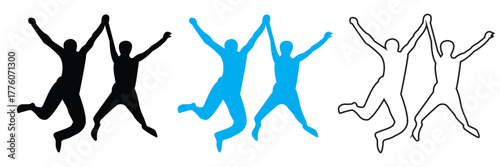 Friendship icon. Vector illustration showing three silhouettes of two Friend holding hands in three  colors, symbolizing friendship and unity.
