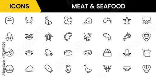 Meat, poultry, fish, and eggs - minimal thin line web icon set. Outline icons collection. Simple vector illustration.