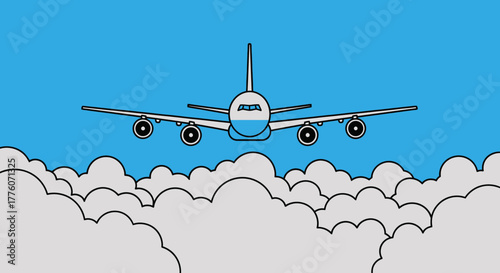 Cartoon airplane flying above clouds against a blue sky background editable stock