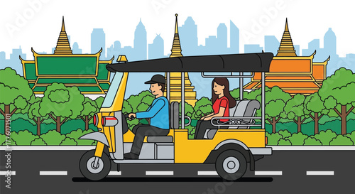 Cartoon illustration of a tuk tuk with passengers in thailand city editable stock