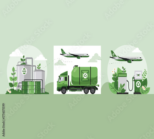 Illustrations showcasing the use of biofuel in transportation, including planes and trucks, alongside biofuel production facilities and fueling stations isolated on white background