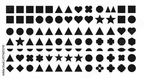 A collection of various geometric shapes are organized in rows against a white field, creating an.